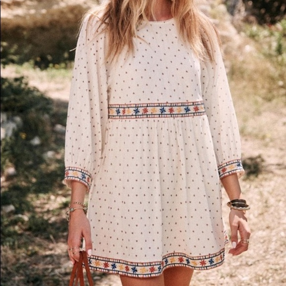 Sezane Cream Mini Dress with Multicolor Embroidered Trim